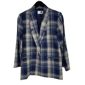 Vintage Christy Girl Petite Blazer‎ Plaid Linen Blend Blue Beige Single Button 4